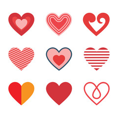 Collection of nine diverse and decorative heart shapes in various red and pink tones.