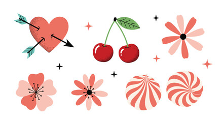 A charming set of Valentine's Day elements including a heart with arrows, cherries, flowers, and candies in a retro, textured style.