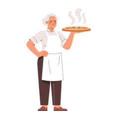 An elderly man showcases a freshly baked pizza on a wooden plate, wearing an apron, representing the joy and tradition of sharing food in a welcoming kitchen environment.