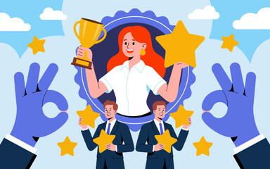 This dynamic composition illustrates a joyful individual holding a trophy, surrounded by accolades and star-shaped elements, symbolizing success, recognition, and triumph.
