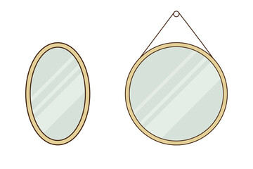 Two decorative oval and round mirrors with wooden frames hanging on a wall.