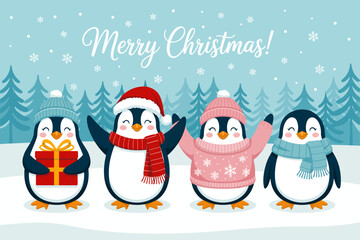 This charming illustration features four adorable penguins dressed in winter attire, celebrating Christmas with festive hats and scarves, conveying joy and holiday spirit.