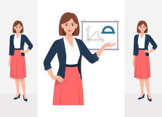 A confident woman standing beside a graph presentation, demonstrating professionalism and expertise in a business context, highlighting her leadership qualities.