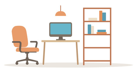 Modern minimalist home office setup with computer chair desk and bookshelf.