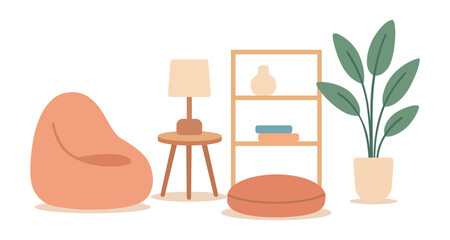 Cozy living room interior with bean bag armchair and potted plant minimal flat vector.