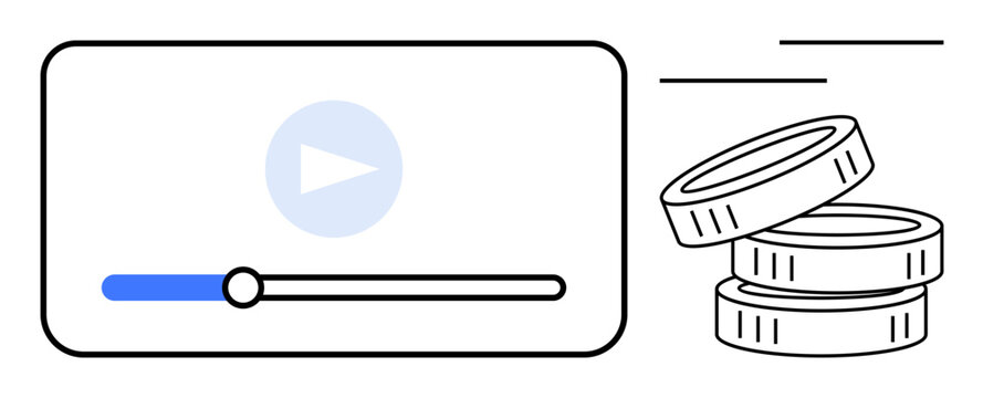 Video player with progress bar and play button next to stacked coins evoking income. Ideal for digital content creation, streaming, advertising, technology, finance, marketing, media, simple flat