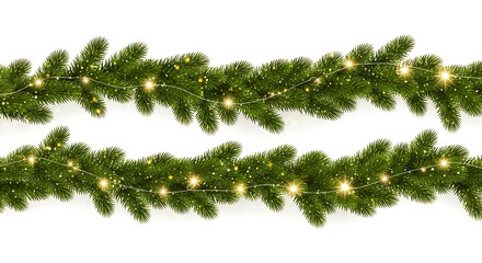 Festive christmas garland with glowing golden lights, perfect for holiday decorations and seasonal designs, isolated on white background