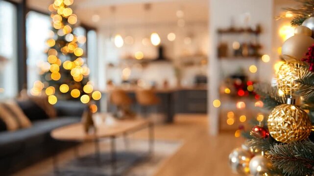 A beautifully decorated Christmas tree with golden ornaments stands in a cozy living room, adorned with warm lights, creating a festive atmosphere perfect for holiday celebrations.