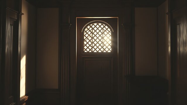confessional. A vintage wooden confessional booth with light filtering through its lattice grill. event programs, museum guides, designed for cultural heritage projects and event programs.
