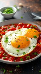 Fried eggs atop a bed of tomato sauce, garnished with chives