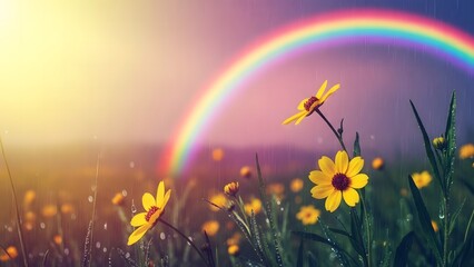 Yellow flowers in a field under a vibrant rainbow