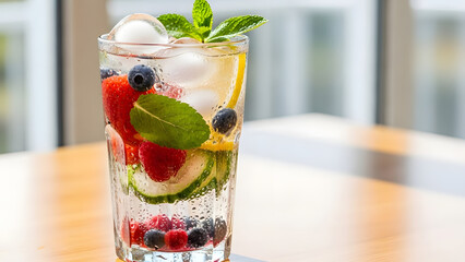 Refreshing fruit infused water with berries ice cubes and mint leaf on table