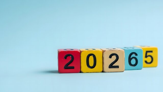 Colorful blocks spelling out the year 2026 on light blue background