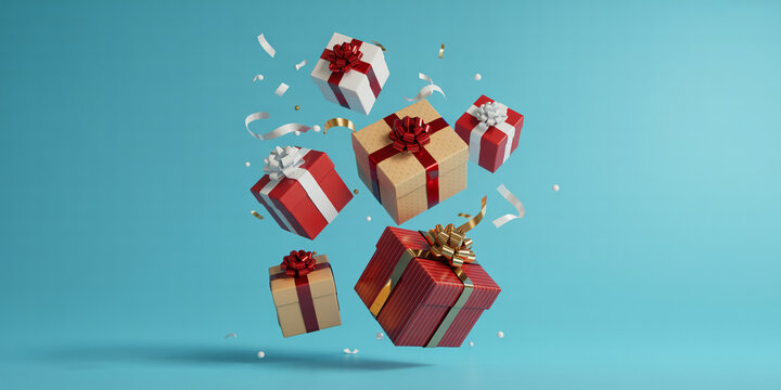Festive gift boxes floating in mid air with confetti