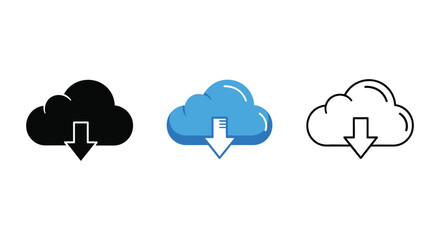 Obraz premium Set of three cloud download icons in black solid, blue glossy, and outline style