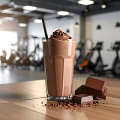 Glass of chocolate protein shake with chocolate chunks in a gym
