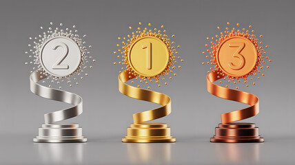 Fototapeta premium Gold Silver and Bronze Trophies with Ribbons and Sparkles render hq4rr