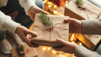 Hands exchanging a beautifully wrapped christmas gift with festive lights in the background