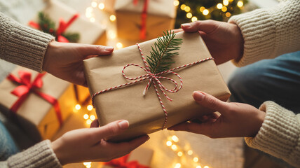 Hands exchanging a thoughtfully wrapped christmas gift with festive decorations