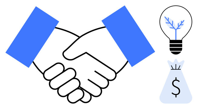 Handshake representing agreement, collaboration alongside a light bulb for innovation and a money bag representing financial success. Ideal for business partnerships, teamwork, startups, innovation - Powered by Adobe