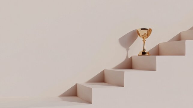 middleground. A golden trophy rests on a central staircase step, symbolizing achievement with elegant lighting and a minimalist polished metal surface. event key visuals.