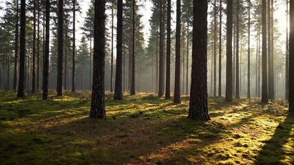 Majestic canopy view of ancient pine trees reaching towards a soft, diffused light, highlighting their imposing height and natural grandeur. Wide shot, upwards tilt