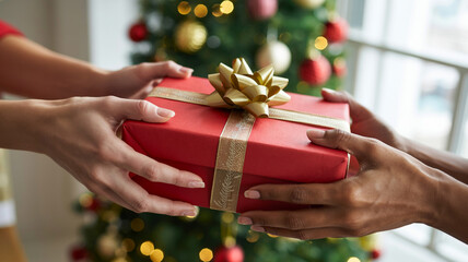 Hands exchanging a red christmas gift in front of a decorated tree