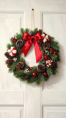 Festive wreath with red bow, pine cones, and ornaments on a white door