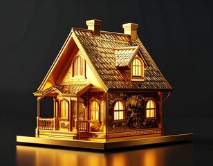Gleaming, golden house model illuminated on a dark background