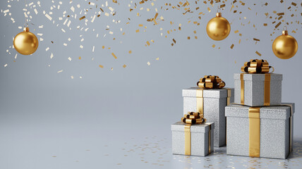 Elegant silver and gold gifts with festive confetti and ornaments
