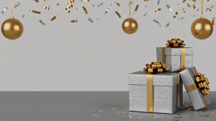 Festive gold ornaments and glittering gift boxes with confetti