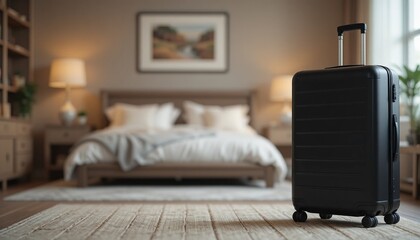 Black suitcase standing on a rug in a cozy modern bedroom with soft lighting, a travel preparation concept