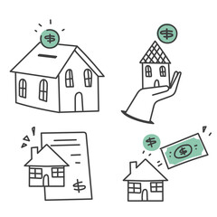 hand drawn doodle house, money and document icon collection related