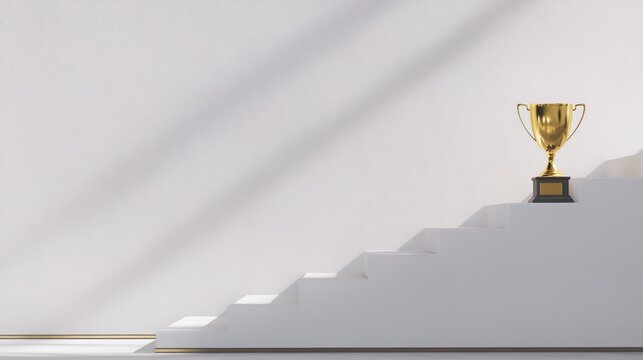 middleground. A golden trophy rests on a central staircase step, symbolizing achievement with elegant lighting and a minimalist polished metal surface. event key visuals.