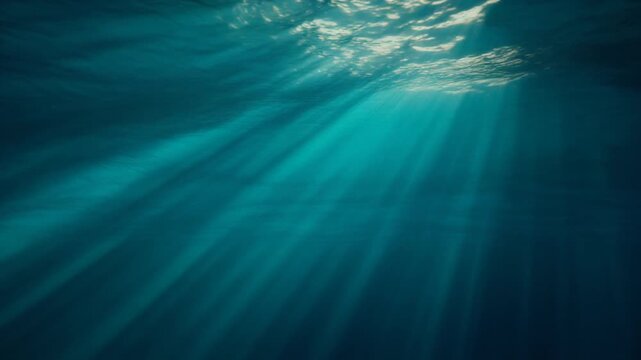 Sunlight streams into deep ocean depths creating mesmerizing blue underwater patterns and ethereal light rays, perfect for serene nature documentaries and tranquil backgrounds.