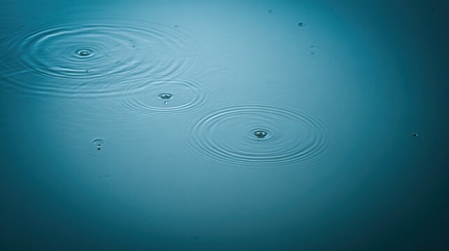 shrinkage. Raindrops creating circular ripples on a calm water surface, serene blue tones. ESG reports, sustainability campaigns, designed for environmental awareness campaigns.