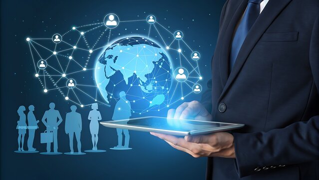 Businessman with tablet, global network and connected business people