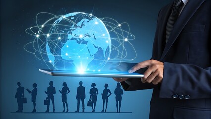 Businessman holding tablet with global network and business people silhouettes