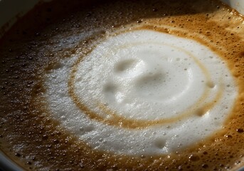 Close up of cappuccino coffee with frothy foam in natural sunlight
