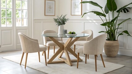 Fototapeta premium Bright dining room with glass table and beige chairs, creating a cozy and inviting space