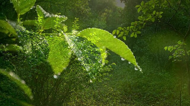 Close up of a vibrant green bush, leaves gently rustling in a soft breeze, showcasing intricate natural textures and subtle movements. Detail oriented shot capturing the organic beauty and natural?
