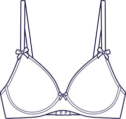 Technical Flat Line Drawing Vector Illustration of a Women's Padded T-Shirt Bra, Featuring Adjustable Straps with Small Bow Details and a Clean Minimalist Outline Style