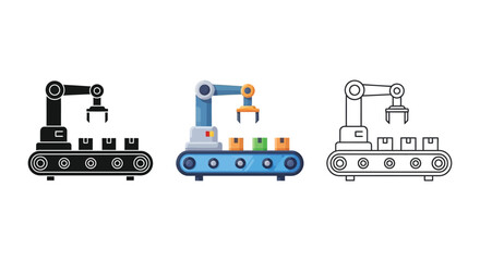 Fototapeta premium Set of three robotic arm conveyor icons with boxes in solid, color, and outline style