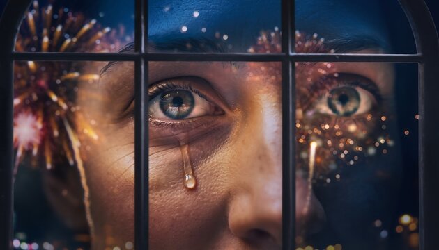 Tearful Woman Watching Fireworks Through a Window on New Year's Eve