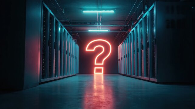 Glowing neon question mark in a dark modern server room, symbolizing data center challenges or cyber security issues