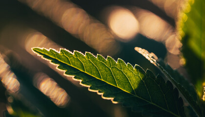 Sunlit Edge A Close-Up of a Serrated Green Leaf Against a Blurred Bokeh Background