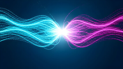 Abstract energy collision with glowing particles in blue and pink, representing connection, power, and digital technology concept