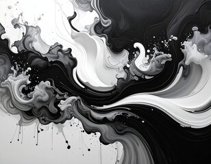 Flowing black, white, and gray abstract art, fluid ink splashes