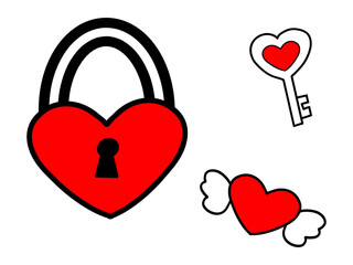 Heart-shaped padlock with key and hearts. Vector illustration.