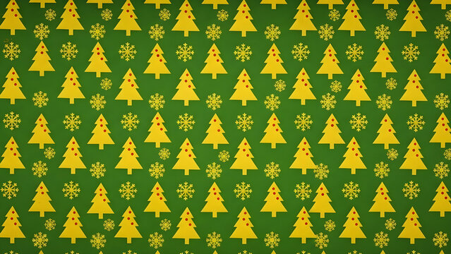A festive christmas pattern featuring golden christmas trees and snowflakes on a green background, perfect for holidaythemed designs and backgrounds